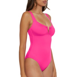 BECCA Women's Standard Color Code V-Wire Shirred One Piece Swimsuit, Plunge Neck, Bathing Suits, Cosmopolitan