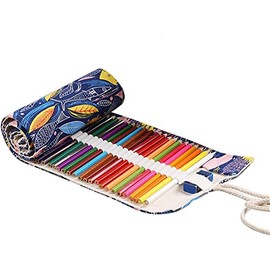 DUBENS Coloured pencil holder case, slots canvas wrap pouch pencil case set for children and adults, travel drawing colouring roll organiser (fish, 48 holes).