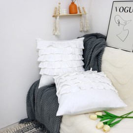 Softta Cute White Ruffle Square Throw Pillow Covers (2-Pack No Filling) Decorative Boho 5 Layers of Ruffles Pathwork Home Soft 18×18Inches（45cm×45cm）