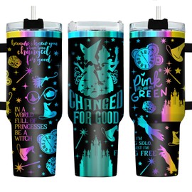34HD Magical Witch Tumbler 40oz with Lid and Straw, Engraved Black Iridescent Galaxy Insulated Travel Coffee Cup - Pink Green Birthday Gift for Women, Fantasy Fans, Bookish & Musical Lovers