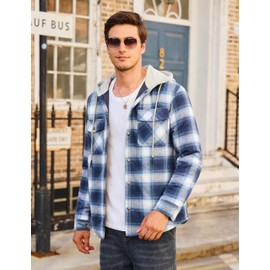 Cotrasen Men's Cotton Plaid Shirts Jacket Lined Flannel Shirts Button DownJackets with Hoodies for Men Winter Coats with 5 Pockets Blue White L