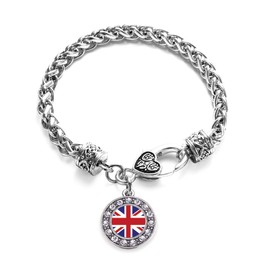 Inspired Silver - UK Flag - Silver Braided Bracelet for Women - Circle Charm Bracelet Jewelry Gift with Cubic Zirconia - Women's Charm Bracelet with Lobster Claw Clasp