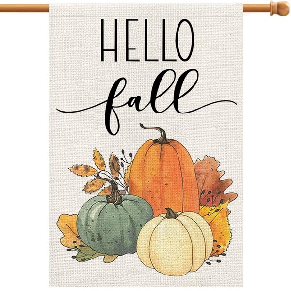 Hello Fall Pumpkin House Flag 28x40 Inch Double Sided, Autumn