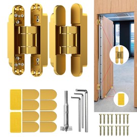 Bisagra de puerta oculta de 6 pulgadas, bisagras invisibles, bisagra de oscilación silenciosa de 180 grados, bisagra ajustable de 3 vías, 6 x 2.5 x 1 pulgadas (dorado, 6 pulgadas)