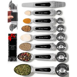 Stainless Steel Magnetic Measuring Spoons Set - 8-Piece Heavy Duty Metal, BPA-free, Stackable, Double Sided Measuring Spoons with Leveler for Dry and Liquid Ingredient - Fits in Spice Jars