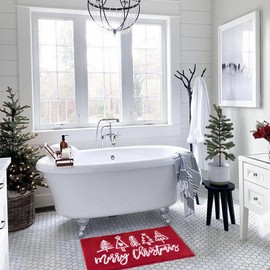 Merry Christmas Bath mat Washable Non Slip, 20’’W x 32’’L Cute Vibrant Red Modern Christmas Tree Bathroom Rugs Decor, Absorbent Shaggy Microfiber Xmas Holiday Winter Bath Rug Shower Floor Mat