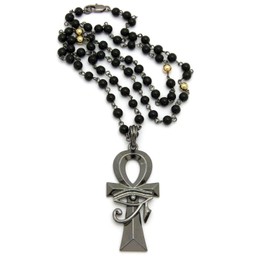 NEW EGYPTIAN ANKH CROSS PENDANT & 30" GLASS BEAD CHAIN HIP HOP NECKLACE - RC2370 (Hematite/Black)
