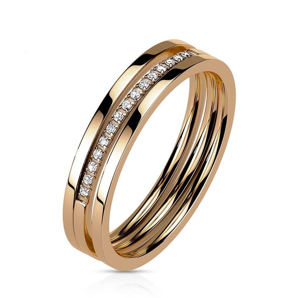 Bungsa Women's Ring Three Row Rose Gold with Set Crystals