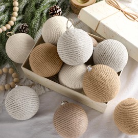 PullCrease 12 Pcs Christmas Balls Ornament Jute Rope Burlap Xmas Ornaments Farmhouse Boho Xmas Bauble Rustic Hanging Natural Christmas Decorations for Home Office Party (Mixed Colors,3.15 Inch)