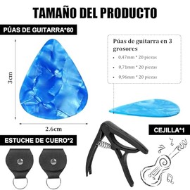 60pcs Púas para Guitarra, Accesorios para Guitarra, con Cejilla y 2 Fundas de Piel Sintética, Material de Celuloide Duradero.