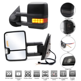 ReYee Towing Mirrors fit for 2007-2014 Chevy Silverado 1500 2500 3500 Tahoe Suburban GMC Yukon Sierra with Power Heated Turn Signal Light Arrow Signal On Glass Manual Telescoping Folding Black Cap