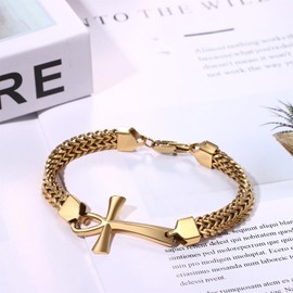 OIDEA Men's Cross Curb Chain Bracelet: Jesus Cross Bible Bracelet Made of Stainless Steel Vintage Ankh Cross Bangle Wrist Jewellery Gift for Men Family Friend, 22 cm, Stainless Steel