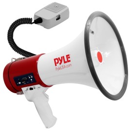 Pyle Megaphone 50-Watt Siren Bullhorn - Bullhorn Speaker w/ Detachable Microphone, Portable Lightweight Strap & Rechargeable Battery - Professional Outdoor Voice for Police & Cheerleading - PMP57LIA