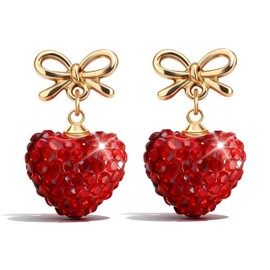 Red Heart Earrings for Women Sparkly Rhinestone Bow Dangle Drop Jewelry Halloween Queen of Hearts Costume Accessories Party Outfit Gifts