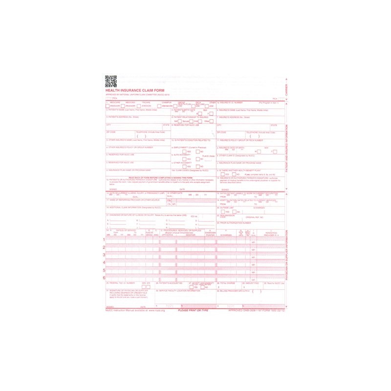 New CMS 1500 Medical Claim Forms, HCFA, Approved (Version 02/12)