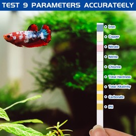 9 in 1 Aquarium Test Strips, 100 Test Strips Aquarium Test Sets for Freshwater Saltwater Test Strips for Testing Iron, Copper, Nitrate, Nitrite, Chlorine, Total Hardness, Total Alkalinity, Carbonate