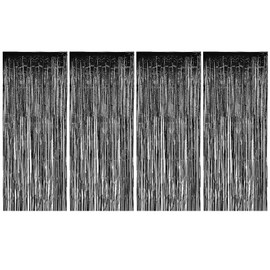 Allgala 4PK 3.3 x 8.2 FT (1x2.5M) Metalic Tinsel Party Photo Backdrop Curtains Door Fringe Décor-Black-BD52502