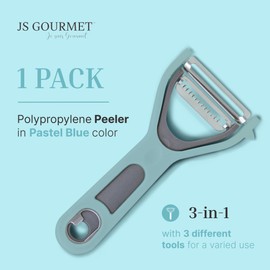 JS Gourmet 3 in 1 Vegetable Peeler, Julienne and Bottle Opener with Built-in Potato Eyer, Sharp Stainless Steel Blade, Manual Food Peelers for Cucumbers, Carrots, Potatoes - Pastel Blue