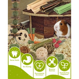 Kagoty 40 PCS Bunny Chew Toys Natural Variety Set for Rabbits Guinea Pigs Chinchillas Hamsters with Apple Wood Sticks Papaya Stems Carrot Strawberry Treats Grass Balls No Dye Teeth Care