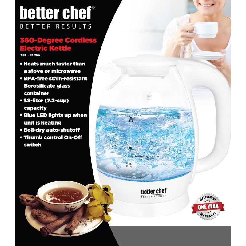 Better Chef Cordless Electric Glass Kettle | 7-Cup Borosilicate Glass