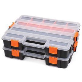 Makitoyo Tool Box Organizers, Interlocking Black Small Parts Organizer for Fasteners, Parts and Crafts w/Removable Dividers, 2 Pieces Pack, Black & Orange,15”L×11.6”W×2.6”H