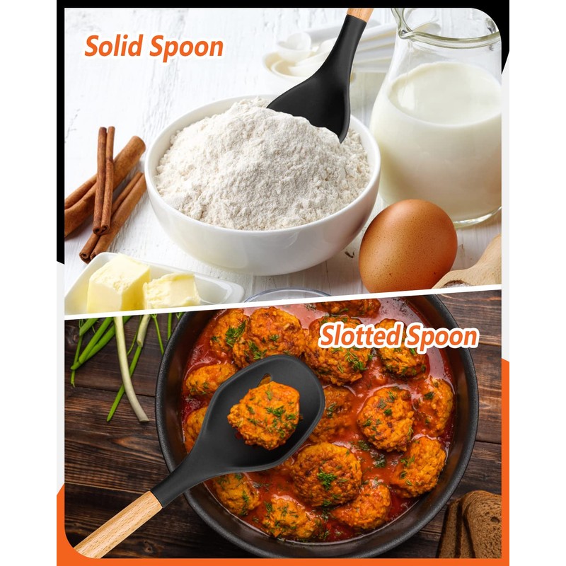Large Silicone Cooking Spoons, 2 Pack Nonstick Solid and Slotted