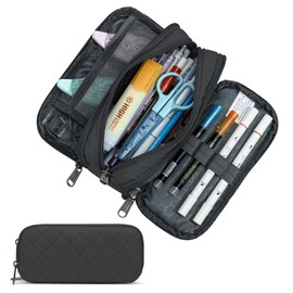 Della Gao Large Pencil Case, Large Capacity Pencil Pouch with 3 Compartments, Office Pencil Bag with Zipper, Big Pen Case for Adults (Black-3BK,H)