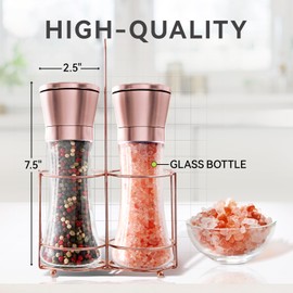 bonris Copper Stainless Steel Salt and Pepper Grinder Set Manual Himalayan Pink Salt Mill|Salt and Pepper Shakers with Adjustable Coarseness and Clear Glass Body (Pack of 2)