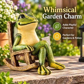 Solar Frog Garden Statue with LED Light – Resin Frog on Rocking Chair Outdoor Decoration for Patio, Balcony, Lawn and Garden