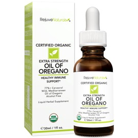 RejuveNaturals Extra Strength Oil of Oregano, USDA Organic, 1 fl oz (30ml Liquid) Wild, Mediterranean Oregano Oil. Concentrated Immune Support Drops. Gluten Free, Vegan & Non-GMO. Min 77% Carvacrol