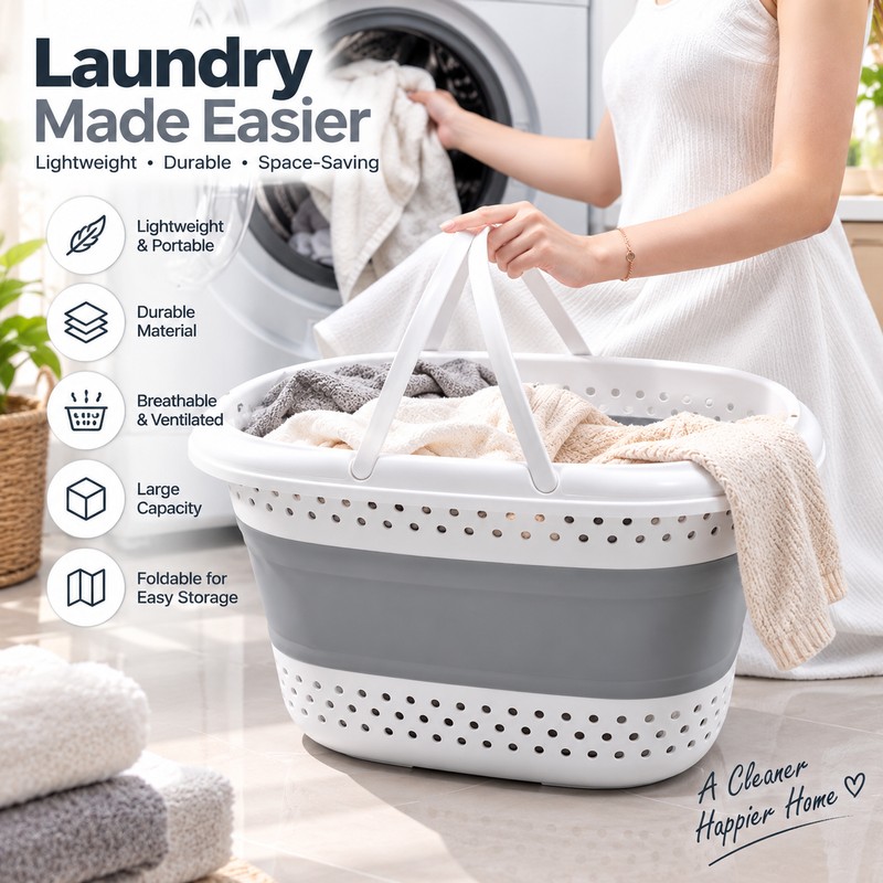 Collapsible Plastic Laundry Basket for Dirty Clothes Storage – Space-Saving
