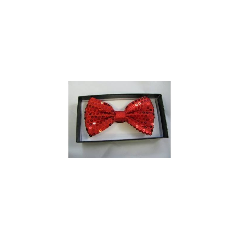 Adjustable 12cm red sequin bow tie in neat display box.