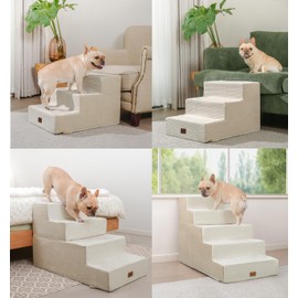 Made4Pets Dog Steps for Bed, Extra Wide Dog Stairs for High Bed Couch Sofa, 35D Foam Pet Steps for Small Dogs and Cats, Non-Slip Bottom Pet Stairs, Beige, 4 Steps