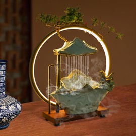 Tabletop Water Fountains Indoor Waterfall Fountains with Mist LED Zen Decor Round Water Fall Decorative Tabletop Buddha Fountain with Wooden Base for Home Office Bedroom Decor, Black & Blue