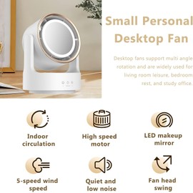 Desk Fan,Personal Desktop Fan with LED Light Makeup Mirror, Battery Operated Rechargeable Portable Fan with 5 Speeds,Small Bladeless Fans for Home, Circulator Table Fan for Women Girls (White)