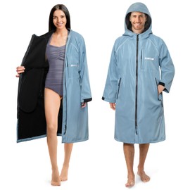 SUN CUBE Swim Parka Men Women, Unisex Hooded Changing Robe with Water Resistant Shell and Warm Fleece Lining for Swimming, Surfing, Triathlon, Water Sports, Light Blue