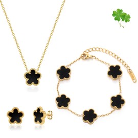 FUNIO Clover Leaf Jewellery Set for Women - 18 Carat Gold Link Bracelet Bangle Lucky Bracelet Necklace Earrings Jewellery Gift for Women, Stainless Steel, No Gemstone