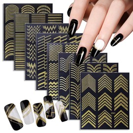 SILPECWEE 8 Sheets French Nail Art Stickers, 3D French Tip Nail Stickers Decals - Metallic Lines, Gold, Irregular Nails Design, Self-Adhesive Sticker for Nails 3D Nail Decoration for Women
