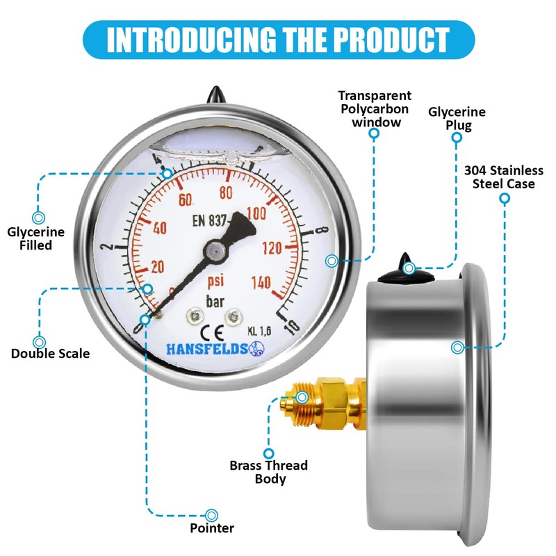Hansfelds Pressure gauge 0-10 bar/psi 63mm dial liquid filled 1/4