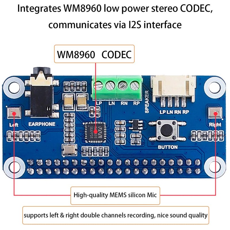 WM8960 Hi-Fi Sound Card HAT Compatible with Raspberry Pi 5/4B/3B+/3B/Pi