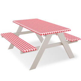 FEPITO 3 Pcs Table Cover with Bench Covers 30 x 72 Inch Picnic Vinyl Picnic Table and Bench Fitted Tablecloth Cover Red-White Plaid for Outdoor BBQ Holiday Party Camping