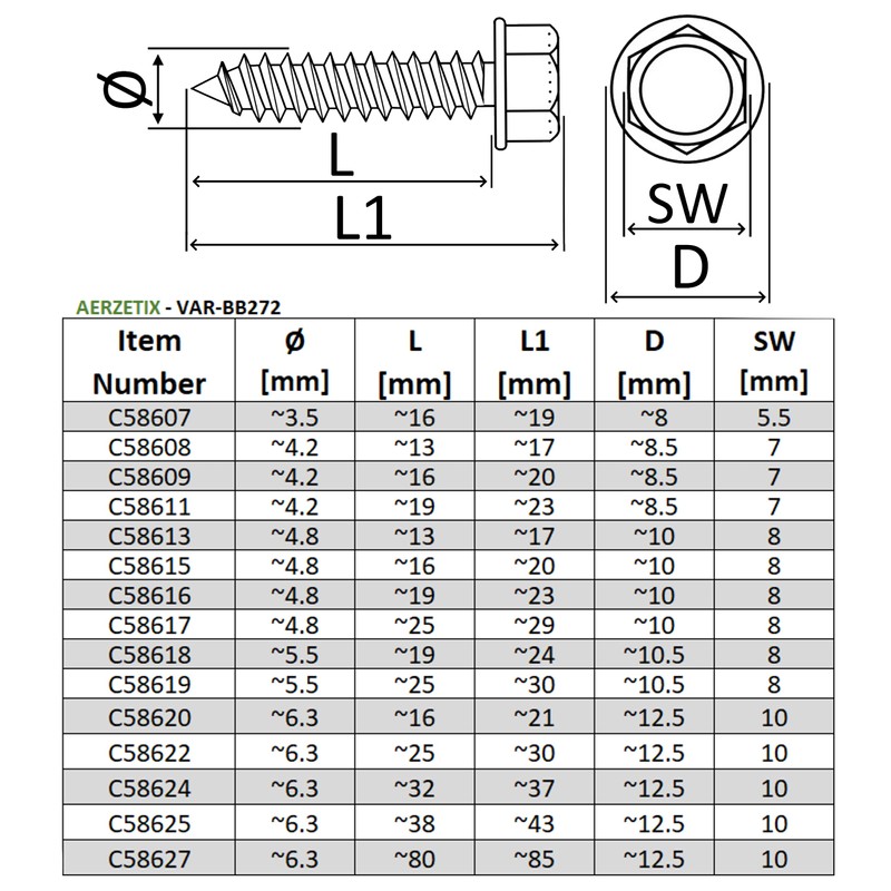AERZETIX - C58622 - Set of 25 Self Tapping Metal
