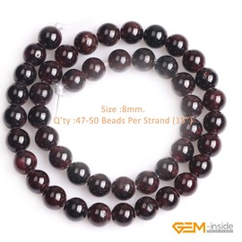 GEM-Inside Genuine Natural Dark Red Garnet Gemstone 8mm Round Stone Loose Beads Crystal Energy Stone Power for Jewelry Making 15" 1.5mm-2mm Big Hole