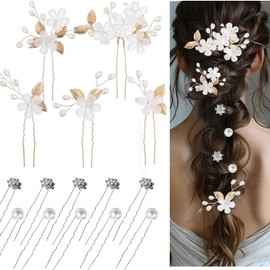 Denipry 15 Pcs Flower Bridal Hair Pins, Wedding Hairpins, Floral & Pearl & Diamonds Designs Flower Leaf Hairs Pieces Accessories for Brides Bridesmaids Women Girls(Gold)