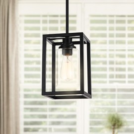 Set of 3 Black Farmhouse Pendant Light Fixtures, Industrial Kitchen Island Light, 1 Pack Rectangle Linear Chandelier Metal Hanging Lighting Fixture with Clear Glass Shade Ceiling Lamp for Dining Room