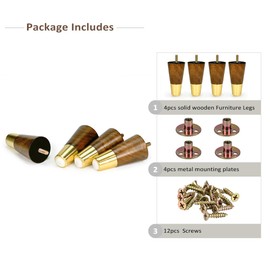 Aiminjey 4 Inch Wooden Furniture Legs with Gold Cap Set of 4 Dark Brown Sofa Replacement Solid Wood Furniture Feet for Armchair Couch Cabinet Dresser Ottoman TV Stand Bed Legs (4inch)