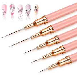 MOXYOY 5Pcs Nail Art Liner Brushes, Fine Thin Nail Art Brush Details Painting Nail Art Brush Tools Set for Long Lines, Fine Drawing Sizes 5/8/12/20/25 mm(Pink)