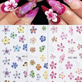 3Sheets 5D Embossed Flower Nail Stickers for Nail Art Self Adhesive Floral Nail Decals Nail Supplies Manicure Sliders Flower Stickers Engraved Nail Design Stickers for Women Girl Nail Decoration