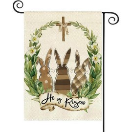 Easter Bunny House Flag 2 Pack，He is Risen Double Sided Polka Dot Rabbit Bunny Laurel Wreath Burlap Yard Flag for Outdoor,Holiday Decorative House Flag,Seasonal Decor for Spring Farmhouse