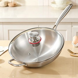 Stainless Steel 316 Wok Pan with Lid, Tri-Ply Stir Fry Pan with Detachable Handle, Works on All Stovetops, Oven & Dishwasher Safe (14 inch)